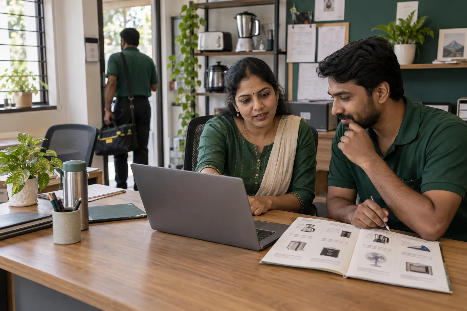Service business ki owner aur coordinator catalog ki details dekh rahe hain.